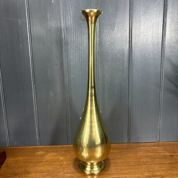 Vintage Brass Vase with Embossed Asian Motif Boho Style Tall Brass Bud Vase - Picture 4 of 14